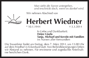 Traueranzeige von Herbert Wiedner von Pegnitz-Zeitung